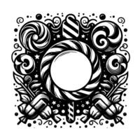 Black and White Candy Composition Swirls, Lollipops, and Ornamented Frame for Festive Elements vector