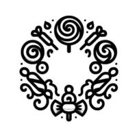 Black and White Circular Illustration of Candy Elements, Lollipops, and Swirls Arranged in a Decorative Pattern. vector