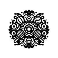 Intricate Black and White Radial Mandala with Candylike Spherical Elements, Floral Accents, and Geometric Patterns in Symmetrical Composition. vector