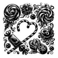 Intricate Monochrome Illustration of Assorted Candies, Swirls, and Ornate Decorative Elements in a Delightful Composition. vector