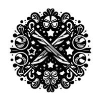 Intricate Black and White Circular Ornament Featuring Crossed Swords, Stars, Floral Elements, and Decorative Swirls on a White Background. vector