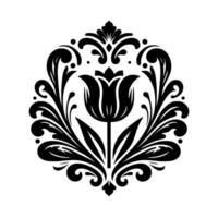 Intricate black and white floral , featuring a stylized tulip centerpiece surrounded by ornate, symmetrical flourishes within a circular frame. vector