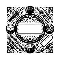 Circular monochrome decorative illustration with baking tools, wheat, and pastries around a central blank frame. vector