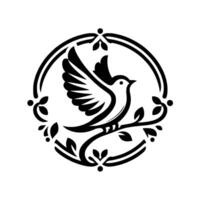 Elegant monochrome illustration of a bird with outstretched wings perched on a floral branch, framed within a decorative circular border. vector