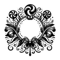Intricate Black and White Frame with Lollipops, Ornate Flourishes, and a Bow, Circular Element. vector