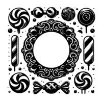 Ornate Black and White Composition Lollipops, Candies, a Frame, and Decorative Elements on a Clean White Backdrop. vector