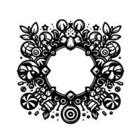 Ornate Black and White Circular Frame with Floral, Candy, and Geometric Elements, Perfect for Text or . vector