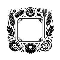 Intricate blackandwhite bakery frame with wheat, baked goods, floral elements, and a blank square center for text or a . vector