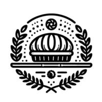 Black and white illustration of a pie, centered in a circular frame of leaves, dots, and stylized floral accents. vector