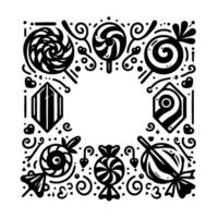 Black and White Candy Frame A decorative border of various stylized sweets, including lollipops and candies with swirls and abstract shapes, encircling an empty center. vector