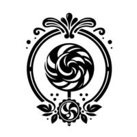 Elegant Black and White Swirl Lollipop in Ornate Circular Frame Adorned with Floral and Ornamental Accents on White Background. vector