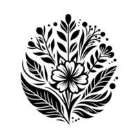 Monochrome Floral Mandala Stylized Flower and Foliage Arrangement in Circular Composition, Botanical . vector