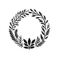 A minimalist, black and white botanical illustration featuring a symmetrical wreath composed of stylized leaves, twigs, and berries, centered on a white background. vector