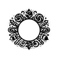 Ornamental Black White Circular Frame with Swirls, Leaves, and Geometric Patterns Surrounding a Blank Circle. vector
