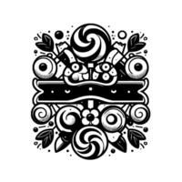 Ornate Black and White CandyThemed with Lollipop, Swirls, Floral, and Decorative Banner Elements. vector