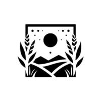 Minimalist Black and White Illustration of a Landscape Scene with Mountains, Wheat, Moon, and Starry Sky Inside a Square Frame. vector