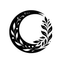 A minimalist black and white illustration of a crescent moon subtly adorned with organic, leafy details, creating an elegant circular composition. vector