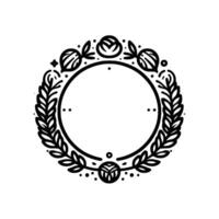 Elegant Black and White Circular Frame with Laurel Leaves, Floral Accents, and Empty Center, Ideal for Badges or Logos. vector