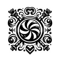 Ornate, Black and White Circular Featuring a Swirled Candy Center with Decorative Scrollwork, Hearts, and Floral Elements. vector
