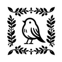 Minimalist Black and White Illustration of a Stylized Bird Within a Floral Frame, Simple and Decorative . vector