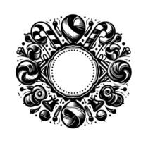 Whimsical Black and White Ornament Featuring Sweets and Floral Elements Arranged Symmetrically Around a Central Circular Space for Text. vector