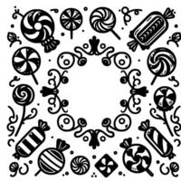 Whimsical Black and White Pattern A Circular Arrangement of HandDrawn Candies, Lollipops, and Decorative Flourishes with an Ornamental Center. vector