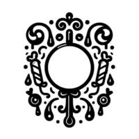 Intricate symmetrical black and white stylized ornament, featuring a round centerpiece, candies, and ornate swirling decorative elements, suggestive of festivity and a clean, aesthetic. vector