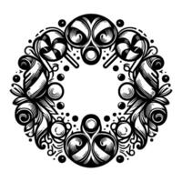 Intricate Black White Circular Ornament Featuring stylized lollipops, floral elements, and swirling designs, forming a symmetrical decorative pattern. vector