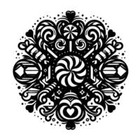 Intricate, black and white circular featuring a stylized arrangement of various candies, lollipops, hearts, and geometric shapes with dotted border, minimalist aesthetic. vector