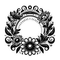 Intricate Black and White Floral Wreath with Open Circle Center, Leaves, and Flourishes on White Background. vector