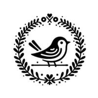 Minimalist Illustration Black Bird Perched on a Branch Within a Leafy Wreath, Adorned with Ornate Details and a White Background. vector