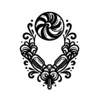Ornamental black and white vintage featuring a stylized swirling sphere, two rounded bottles and a symmetrical floral frame. vector