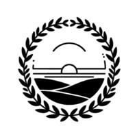 Black and White Minimalist Landscape Crest Featuring Sunrise over Fields within a Laurel Wreath. vector