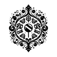 Black and white symmetrical featuring a central striped lollipop, surrounded by various stylized candies and ornate floral elements. vector