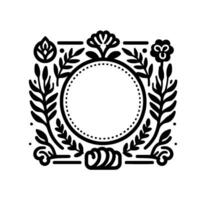 Black and white botanical frame with a dotted circular center and floral and leaf embellishments, elegant . vector