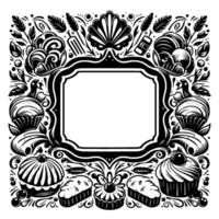 Intricate Black and White Frame with Cakes, Cupcakes, Bakery Elements, and Ornate Flourishes, Centered with Blank Space. vector