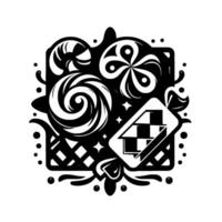 A delightful black and white illustration featuring a basket overflowing with stylized candies, swirls, lollipops, and a checkerboardpatterned gift. vector