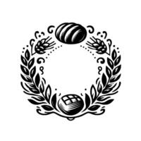 Minimalist Black and White Bakery Crest with Bread, Wheat, and Leafy Wreath Frame. vector