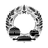Elegant Black and White Baking Illustration with Wreath, Pie, Bowl of Fruit, and Rolling Pin on White Background. vector