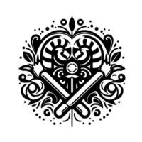 Intricate Black and White Ornate Emblem with Crossed Paintbrushes and Stylized Candy Canes in a Symmetrical Composition. vector