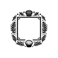 Elegant black and white square frame encircled by botanical wreath and cupcakes, perfect for announcements or invitations, isolated on white. vector