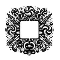 Ornate black and white illustration of a symmetrical confectionery frame with swirl lollipops, blank center, and decorative elements. vector