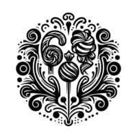 Intricate Black and White Circular featuring Stylized Lollipops and Swirls, Decorative Ornamental Pattern. vector