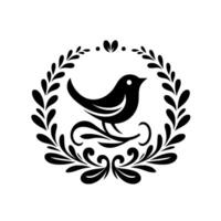 Elegant Black and White Illustration of a Stylized Bird Perched Within a Decorative Leafy Wreath on a White Background. vector