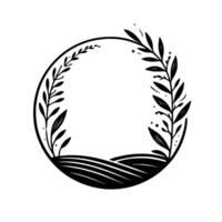Elegant Black and White Circle Featuring a Botanical Wreath Adorning a Landscape Base with Leafy Branches and a Minimalist Aesthetic. vector
