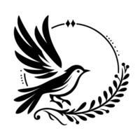 Minimalist Black and White Bird with Open Wings, Perched on a Branch Within a Decorative Circular Frame. vector