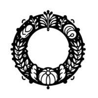 Ornate Black and White Floral Wreath with Decorative Botanical Elements and a Central Blank Circle, Minimalist . vector