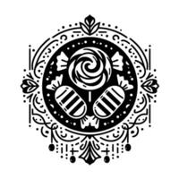 Intricate Black and White Circular Illustration Featuring Lollipop and Candy Composition within Detailed Ornamental Frame . vector