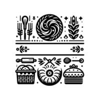 Black and white illustration featuring bakingthemed icons, arranged in a decorative, symmetrical pattern, including whisk, wheat, cakes, and other kitchen tools. vector