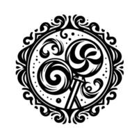 Intricate, BlackandWhite Emblem Swirling Lollipops Enclosed within an Ornamental, Circular Frame, Dots, and Decorative Flourishes. vector